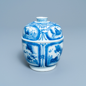 A Chinese blue and white bowl and cover with figurative medallions, Wanli