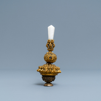 A Chinese agate and crystal-embellished gilt bronze Mandarin hat finial, 18th C.