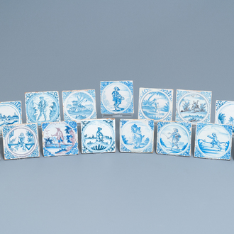 Fifteen blue, white and manganese Delft style tiles, Montpellier, France, 17th C.