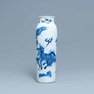 A Chinese blue and white 'qiling and phoenix' sleeve vase, Transitional period