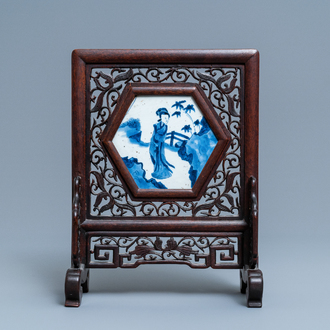 An hexagonal Chinese blue and white tile in wooden table screen, Kangxi and later