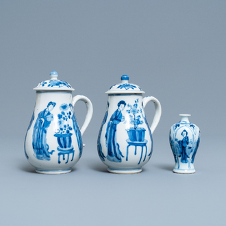 A pair of Chinese blue and white 'Long Eliza' jugs and covers and a miniature vase, Kangxi