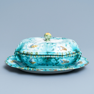 A Brussels faience tureen and cover on stand with butterflies and caterpillars, late 18th C.