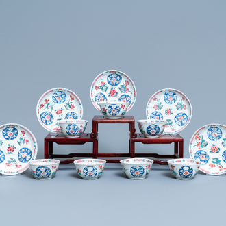 Seven Chinese famille rose cups and five saucers, Qianlong