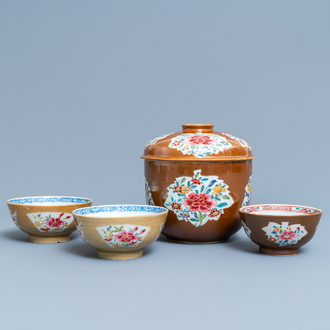 Four Chinese famille rose capucin brown-ground bowls, Qianlong