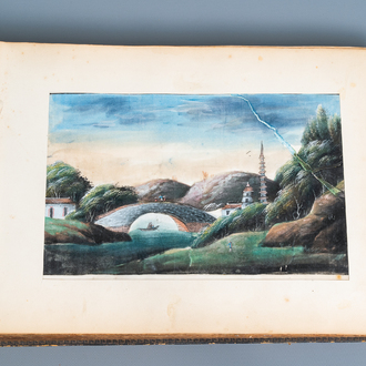 Chinese school, Canton, ink and colour on paper, 19th C.: an album with 29 landscapes and punishment scenes