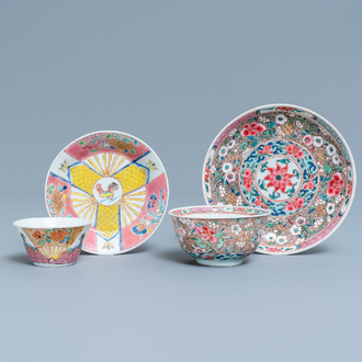 Two Chinese famille rose cups and saucers, Yongzheng