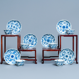 Zes Chinese blauw-witte koppen en schotels, Kangxi