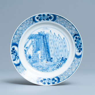 A Chinese blue and white 'Rotterdam riot' plate, Chenghua mark, Kangxi