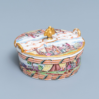 A polychrome petit feu and gilded Dutch Delft butter tub with a view on an encampment, 18th C.