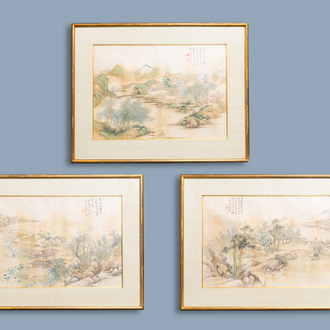 Chinese school, ink and colour on silk, 20th C.: 'Three landscape views'