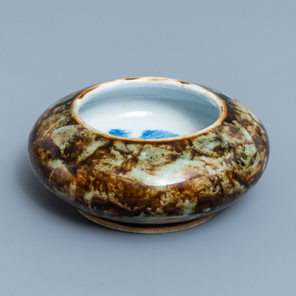 A Chinese flambé-glazed brush washer with blue and white 'crabs' design, 19/20th C.