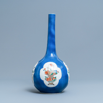 A Chinese famille verte powder blue-ground bottle vase, Kangxi