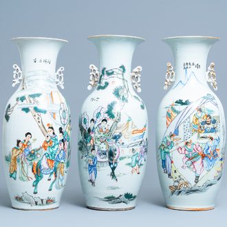Trois vases en porcelaine de Chine famille rose à décor de scènes narratives, 19/20ème