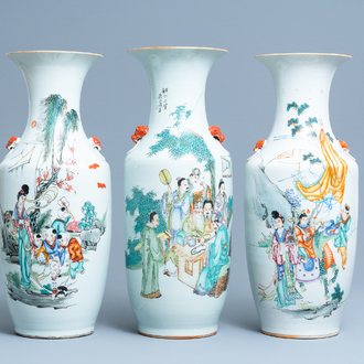 Trois vases en porcelaine de Chine famille rose à décor de scènes narratives, 19/20ème