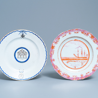 A Chinese export 'Nordic Society' plate dated 1785 and one inscribed 'Dus Leydons Vriendschap', Qianlong