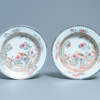 A pair of Chinese famille rose deep plates with pheasants, Yongzheng