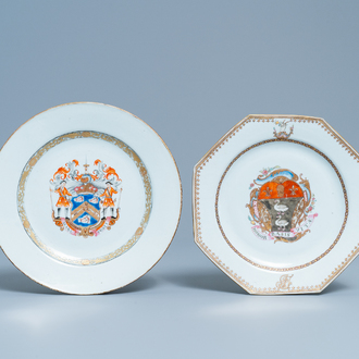Two Chinese famille rose armorial plates for the English market with the arms of Mackay and Fitler, Qianlong