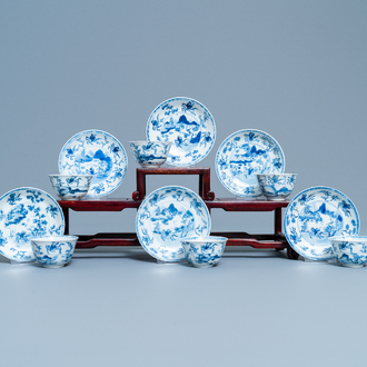 Six Chinese blue and white cups and saucers with horseriders, Kangxi