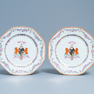 A pair of Chinese famille rose Scottish market plates with the arms of Dalyell of the Binns, Qianlong