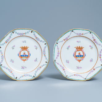A pair of Chinese famille rose Dutch market armorial plates with the arms of Udemans, Qianlong