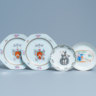 A pair of Chinese armorial 'Aberdeen' plates, a grisaille saucer and a 'sailor's farewell' saucer, Qianlong