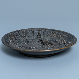 A Chinese lacquered bronze brush washer with sea animals, Xuande mark and dated 1428