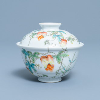 A Chinese famille rose 'balsam pear' bowl and cover, Jiaqing mark, Republic