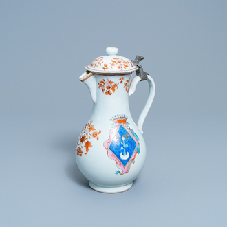 A Chinese French market famille rose ewer and cover with the arms of de Faverolles, Qianlong