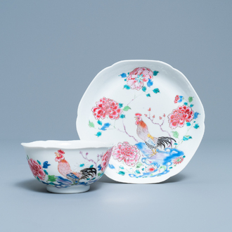 A Chinese famille rose 'rooster' cup and saucer, Yongzheng