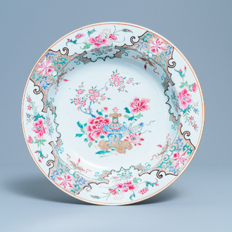 A large and deep Chinese famille rose dish, Yongzheng