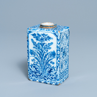 A rectangular Dutch Delft blue and white tea caddy with floral design, late 17th C.