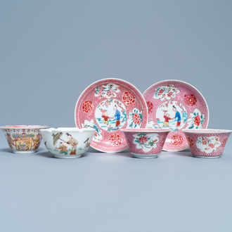 Quatre tasses et deux soucoupes en porcelaine de Chine famille rose, Yongzheng/Qianlong