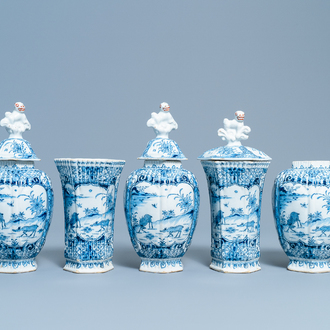 A Dutch Delft blue and white five-piece garniture with chinoiserie design with deer, 18th C.