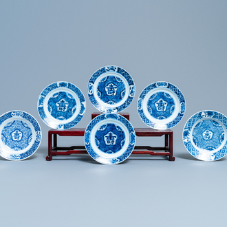 Six Chinese blue and white 'Shou' plates, Chenghua mark, Kangxi