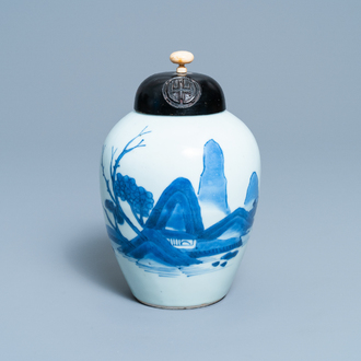 A Chinese blue and white 'landscape' jar, Transitional period