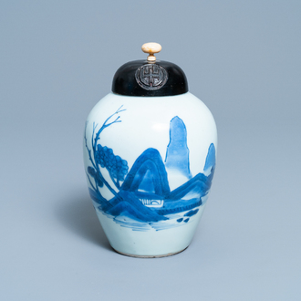 Een Chinese blauw-witte pot met landschapsdecor, Transitie periode