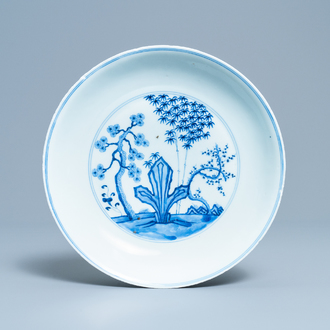 A Chinese blue and white 'Three friends of winter' dish, Xuande mark, Kangxi