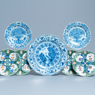 Six Dutch Delft polychrome and blue and white plates and a dish, 18th C.