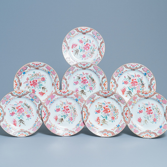 Eight Chinese famille rose plates with floral design, Qianlong