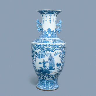 A large Chinese blue and white vase with figurative medallions, 20th C.