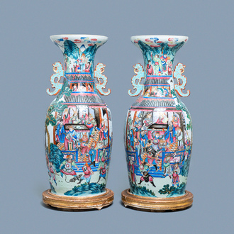 A pair of large Chinese famille rose 'Wu Shuang Pu' vases, 19th C.