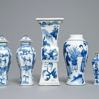 Five Chinese blue and white vases, Kangxi