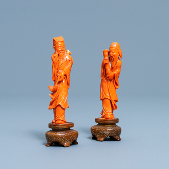 Two Chinese carved red coral figures of immortals, 19/20th C.