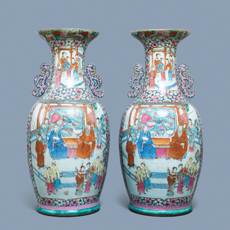 A pair of large Chinese famille rose 'court scene' vases, 19th C.