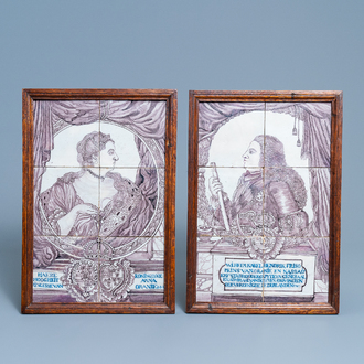 Une paire de tableaux de carreaux en faïence de Delft figurant Guillaume III d'Orange-Nassau et Marie II, 18ème
