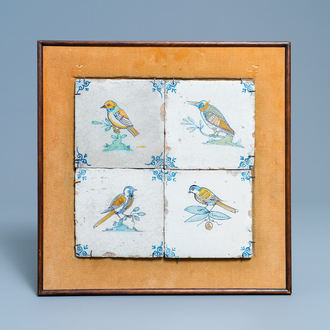 Four polychrome Dutch Delft bird tiles, 17th C.