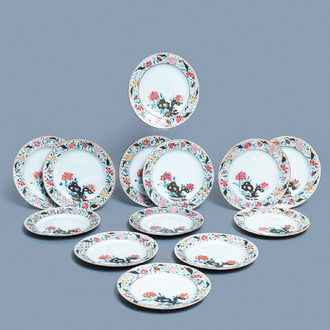 Thirteen Chinese famille rose bianco sopra bianco plates, Qianlong