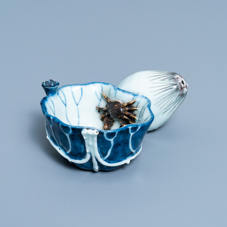 A Chinese blue, white and copper red 'crab in lotus' water dropper, Kangxi