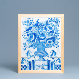 Un tableau de carreaux en faïence en bleu et blanc à décor d'un vase fleuri, Makkum, la Frise, 18/19ème